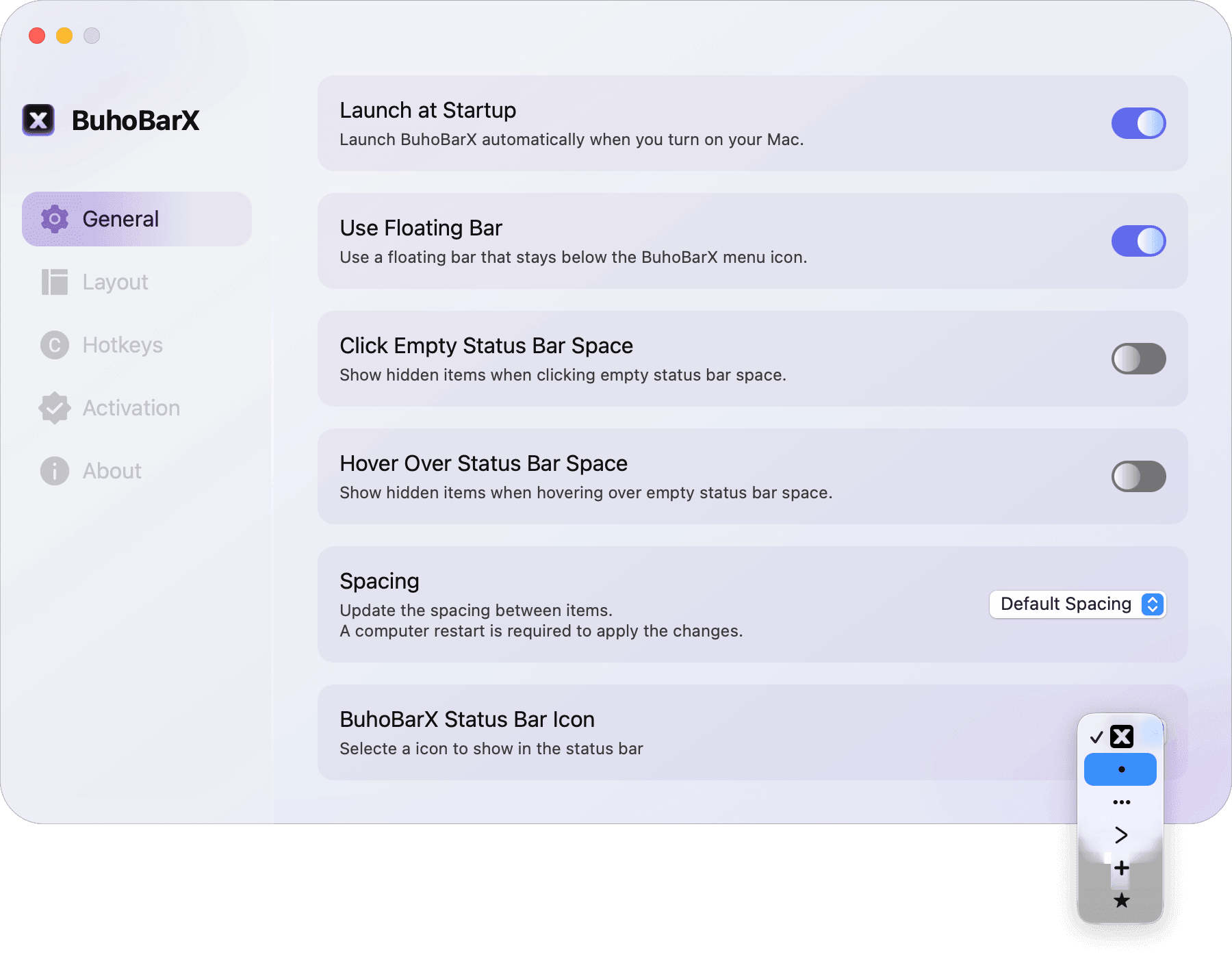 BuhoBarX General Settings