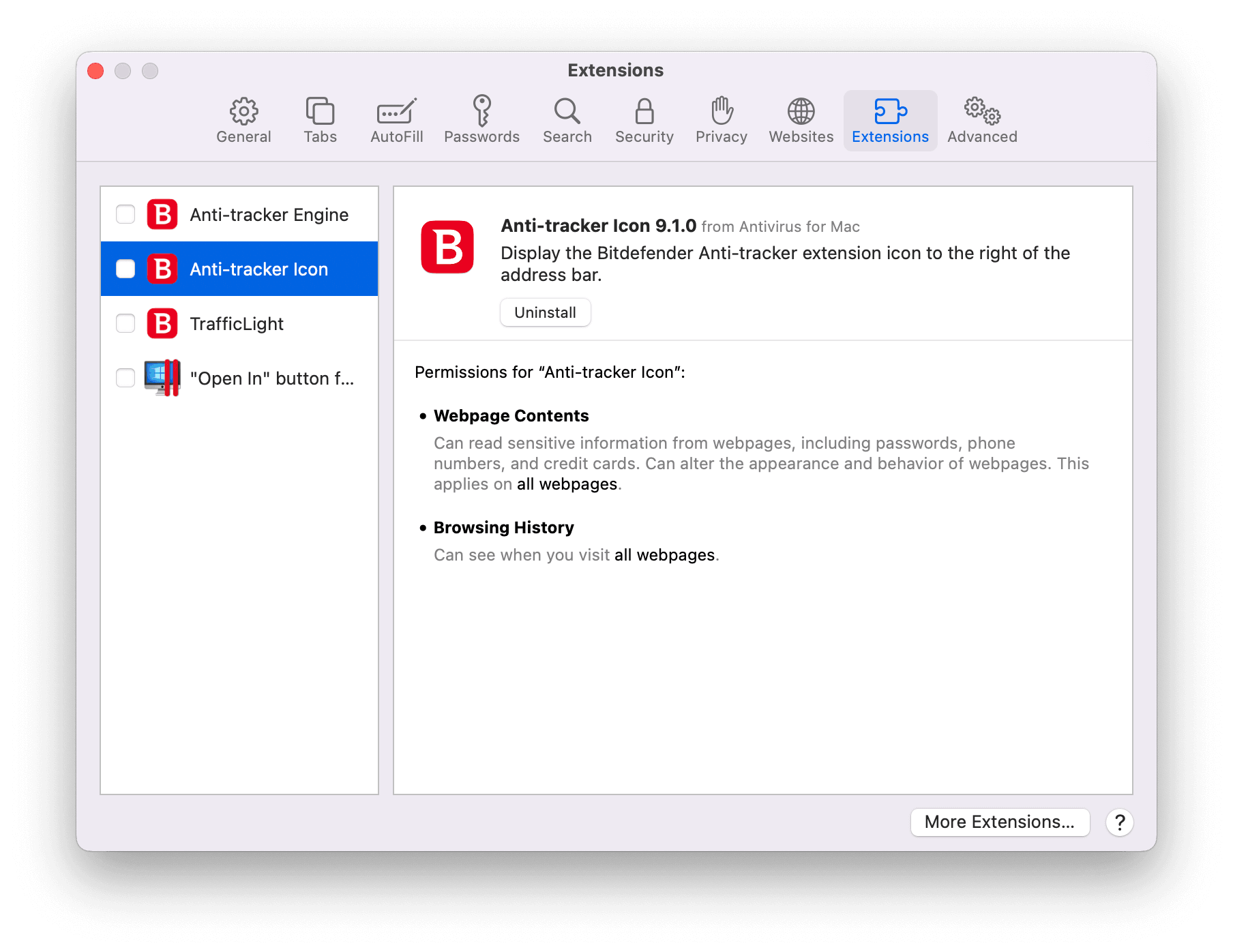 Uninstall Safari Extensions