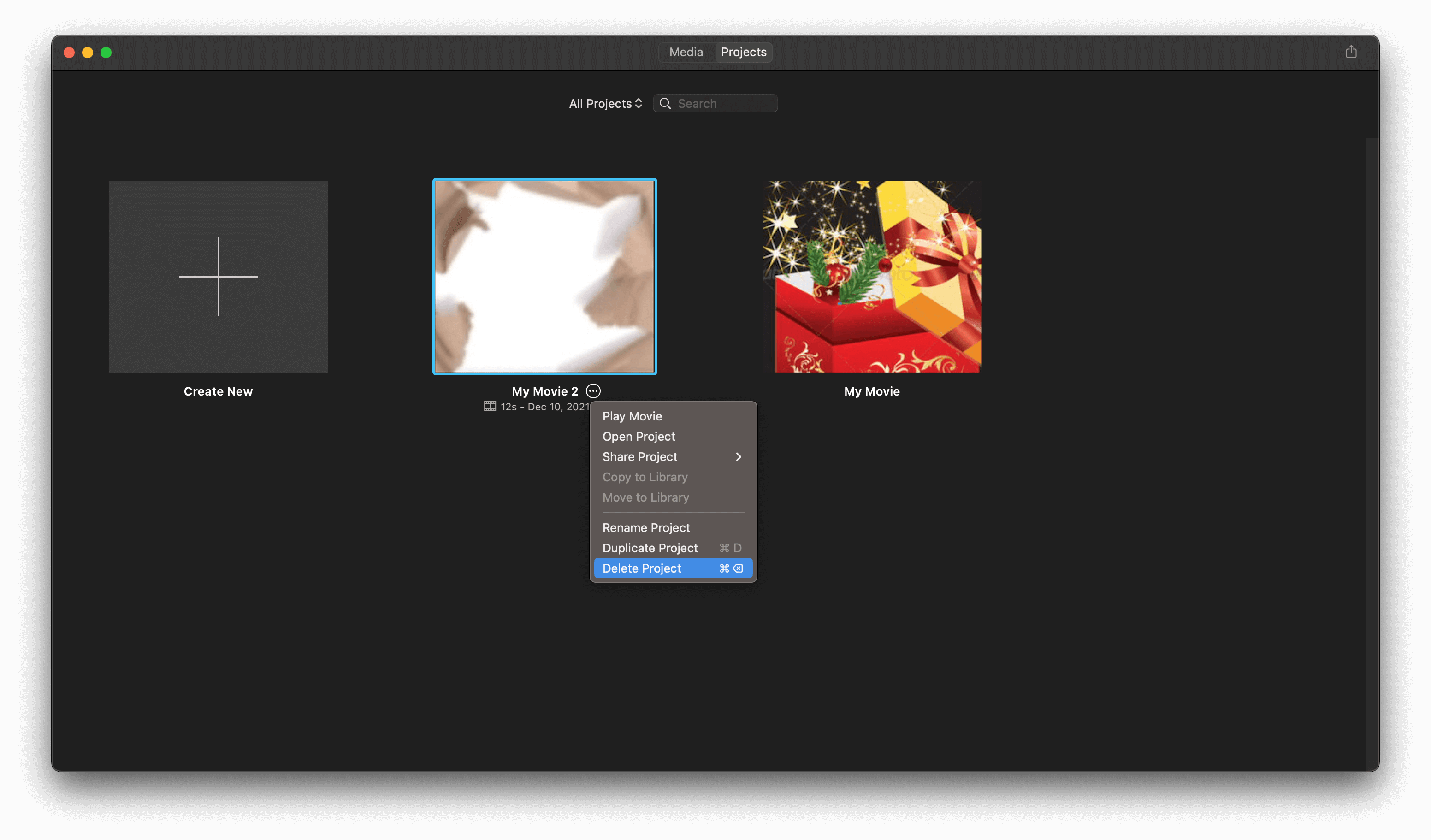 Delete iMovie Projects