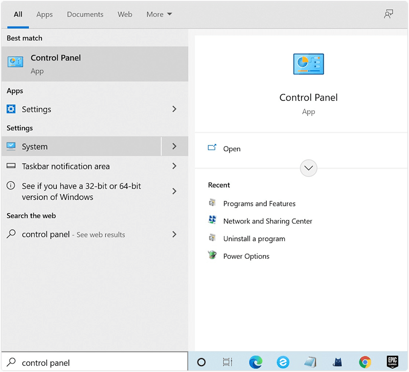 Open Control Panel on Windows 10