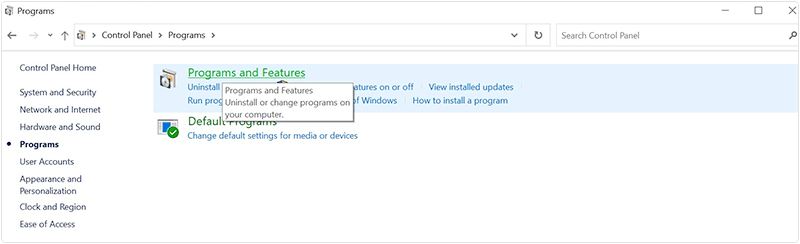 Programs and Features on Windows 10