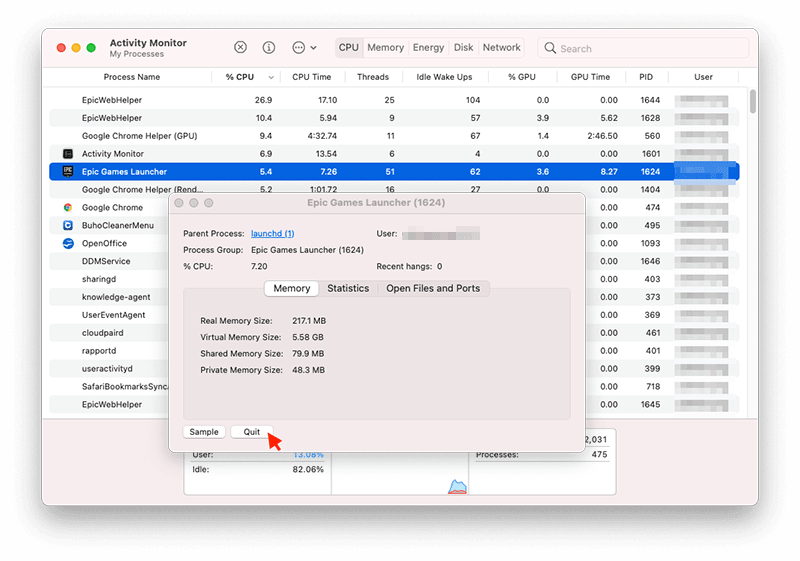 How to Quit Epic Games Launcher with Activity Monitor