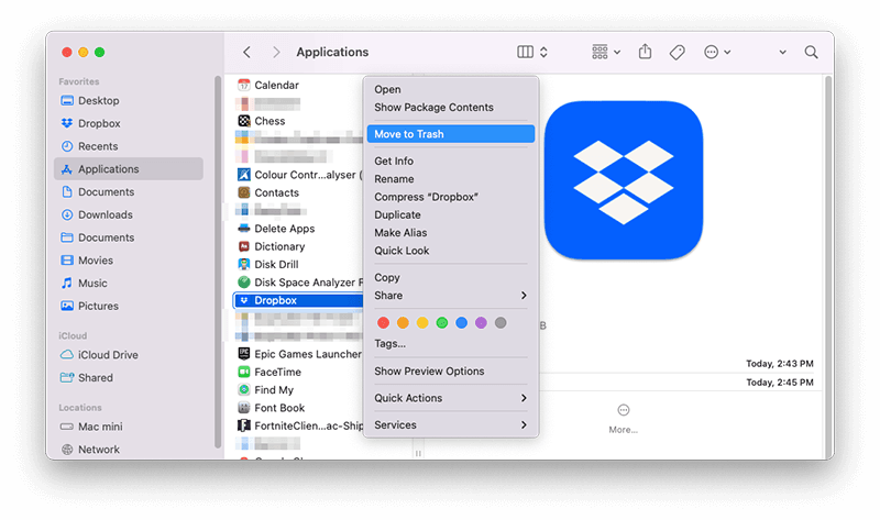 Uninstall Dropbox App with Finder