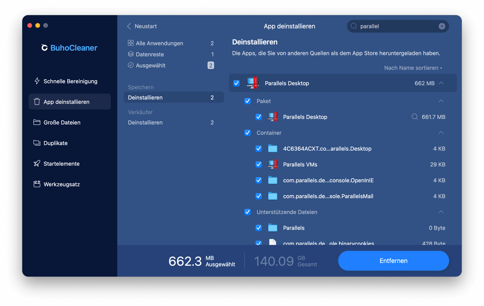 Deinstallieren Sie Parallels mit Buohocleaner