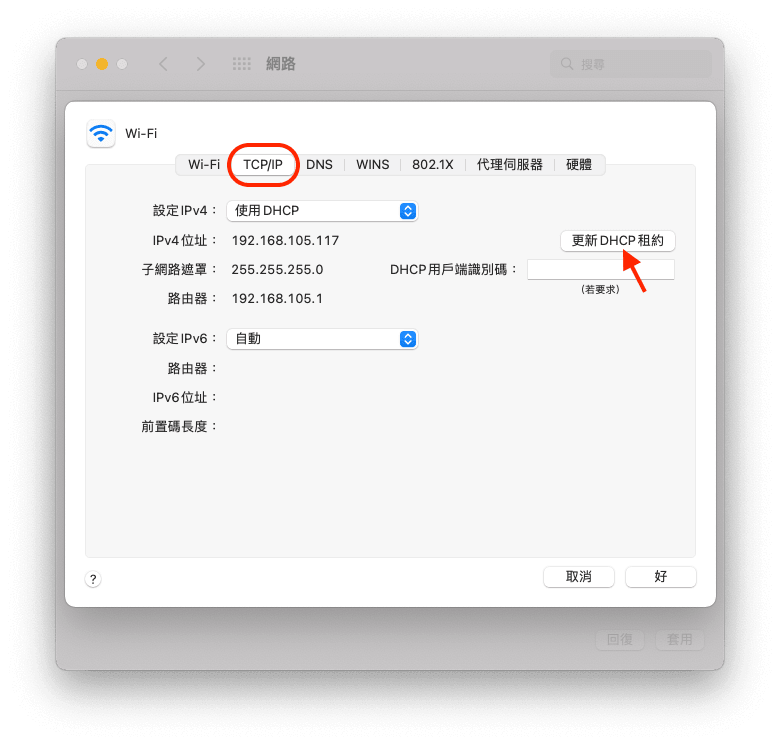 更新 DHCP 租約