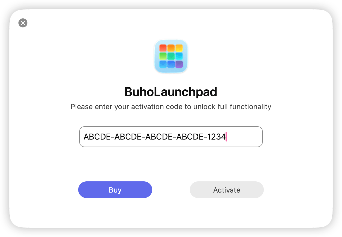 Enter the code to activate BuhoLaunchpad