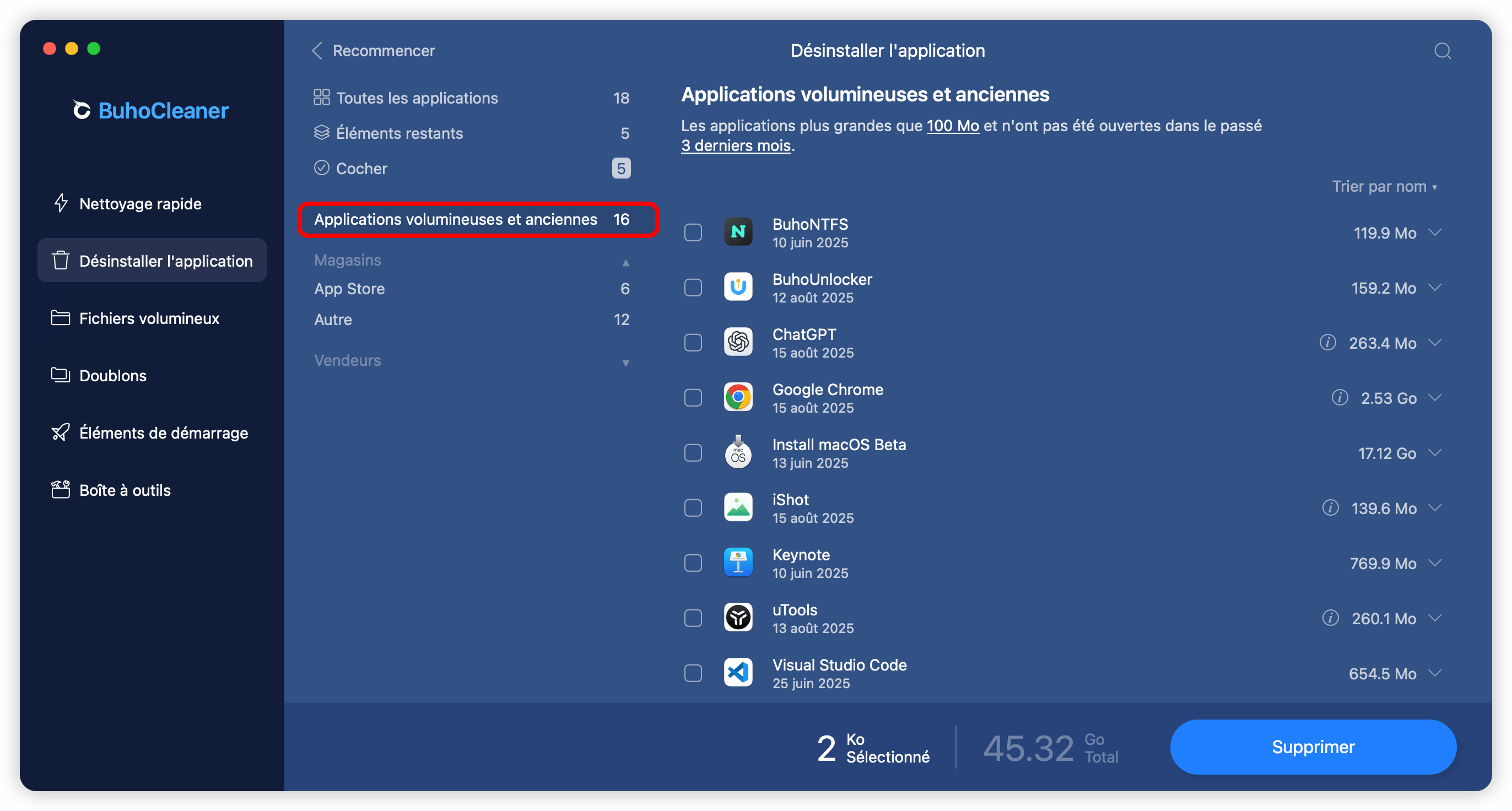 Désinstaller les applications volumineuses et anciennes