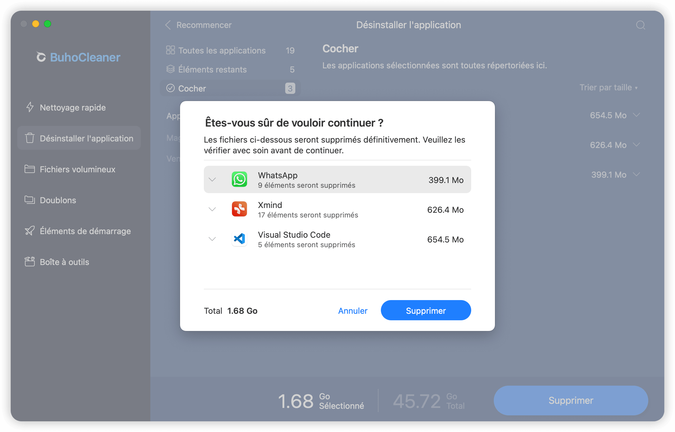 Confirmer la suppression des applications