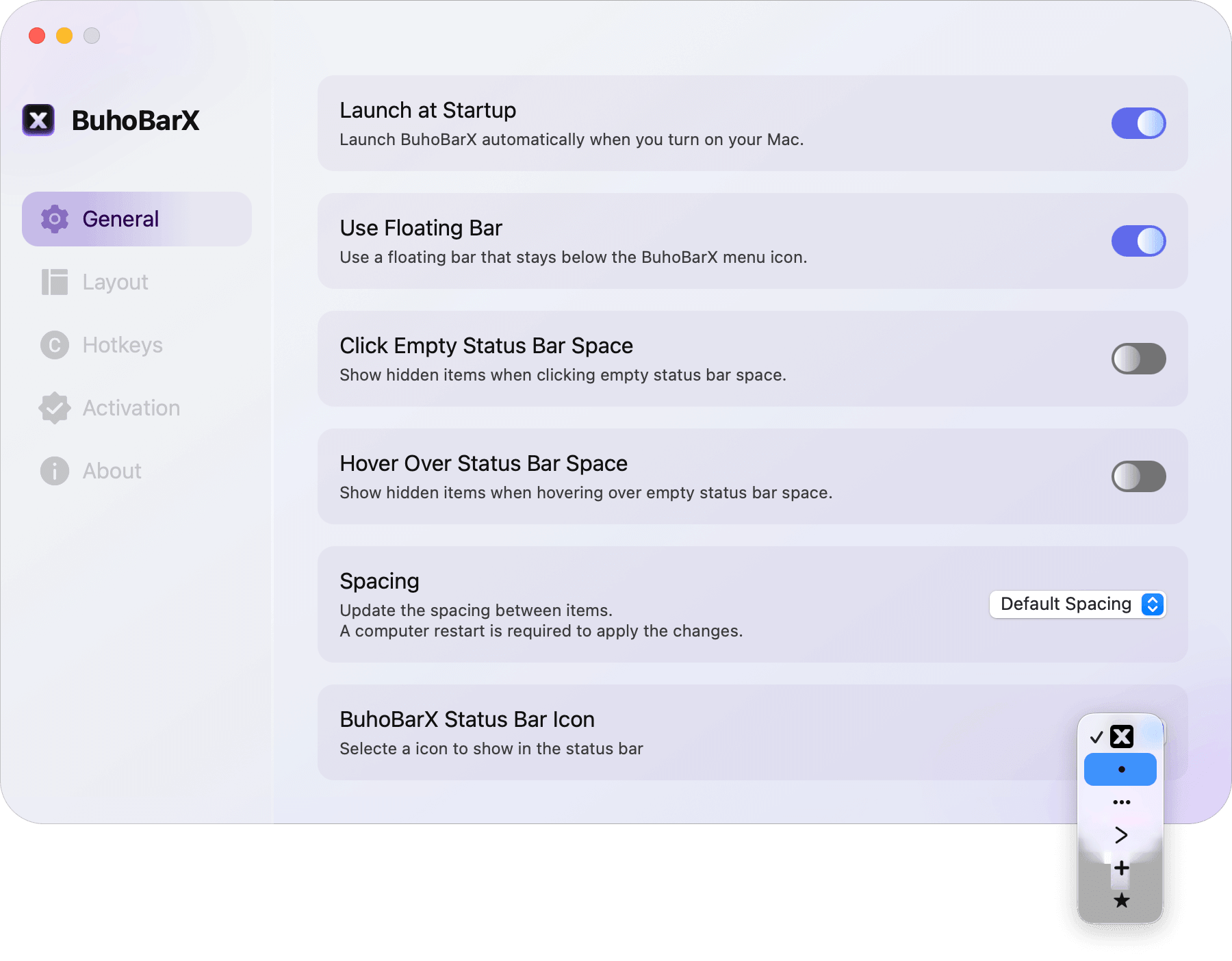 BuhoBarX General Settings