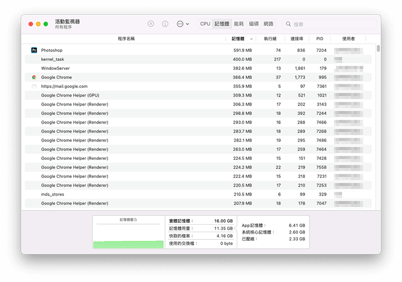 查看記憶體使用情況