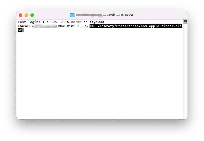 Finder設定ファイルを削除します