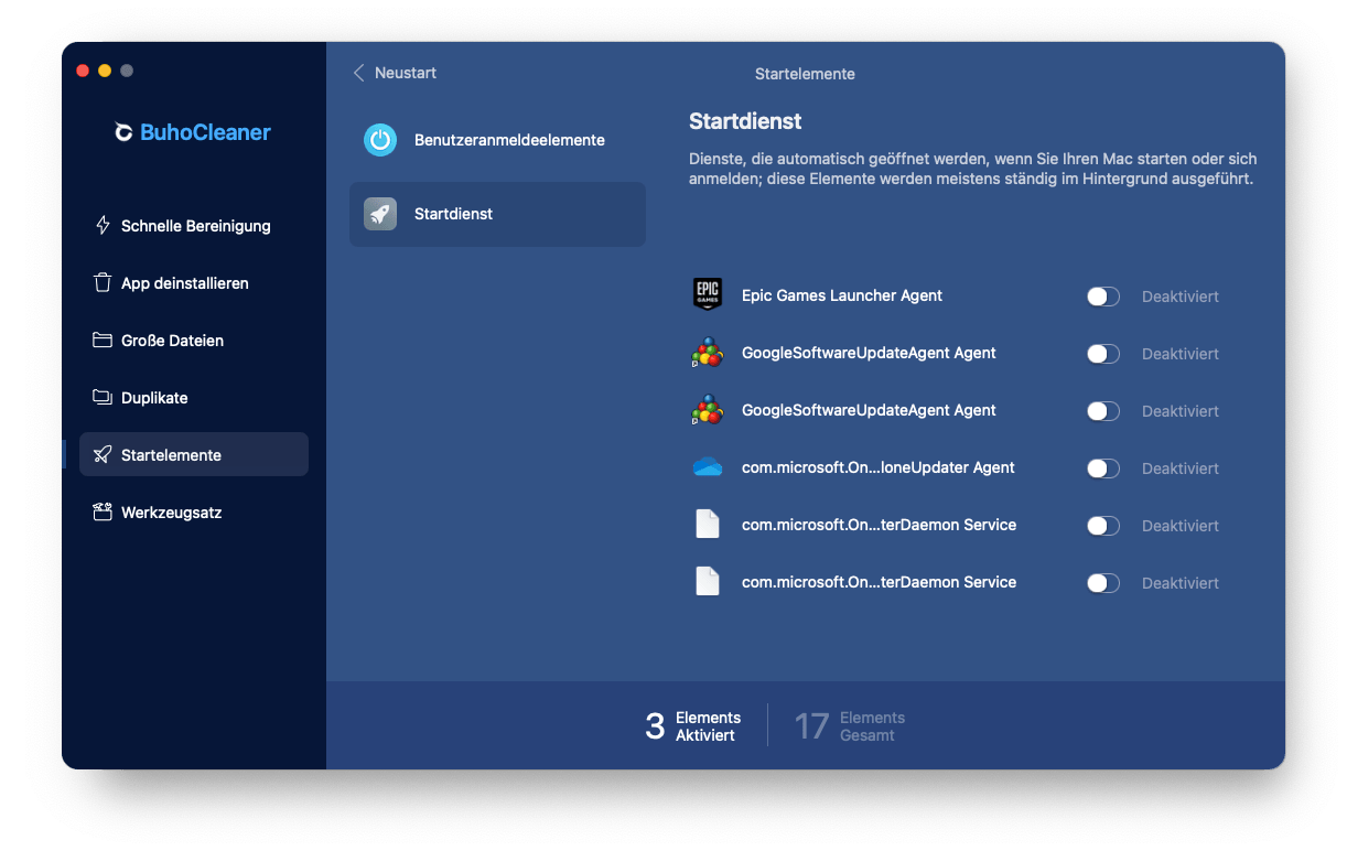 Deaktivieren von Start-Agenten und Daemons auf dem Mac mit BuhoCleaner