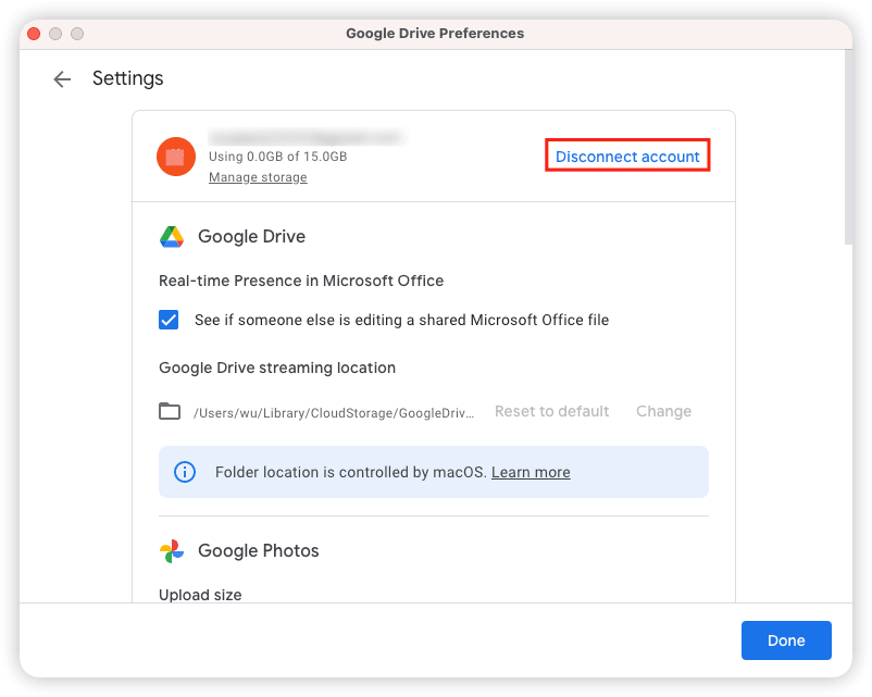 Disconnect Google Account in Google Drive