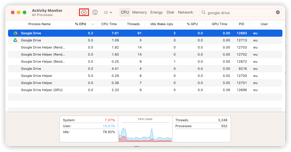 Force Quit Google Drive via Activity Monitor