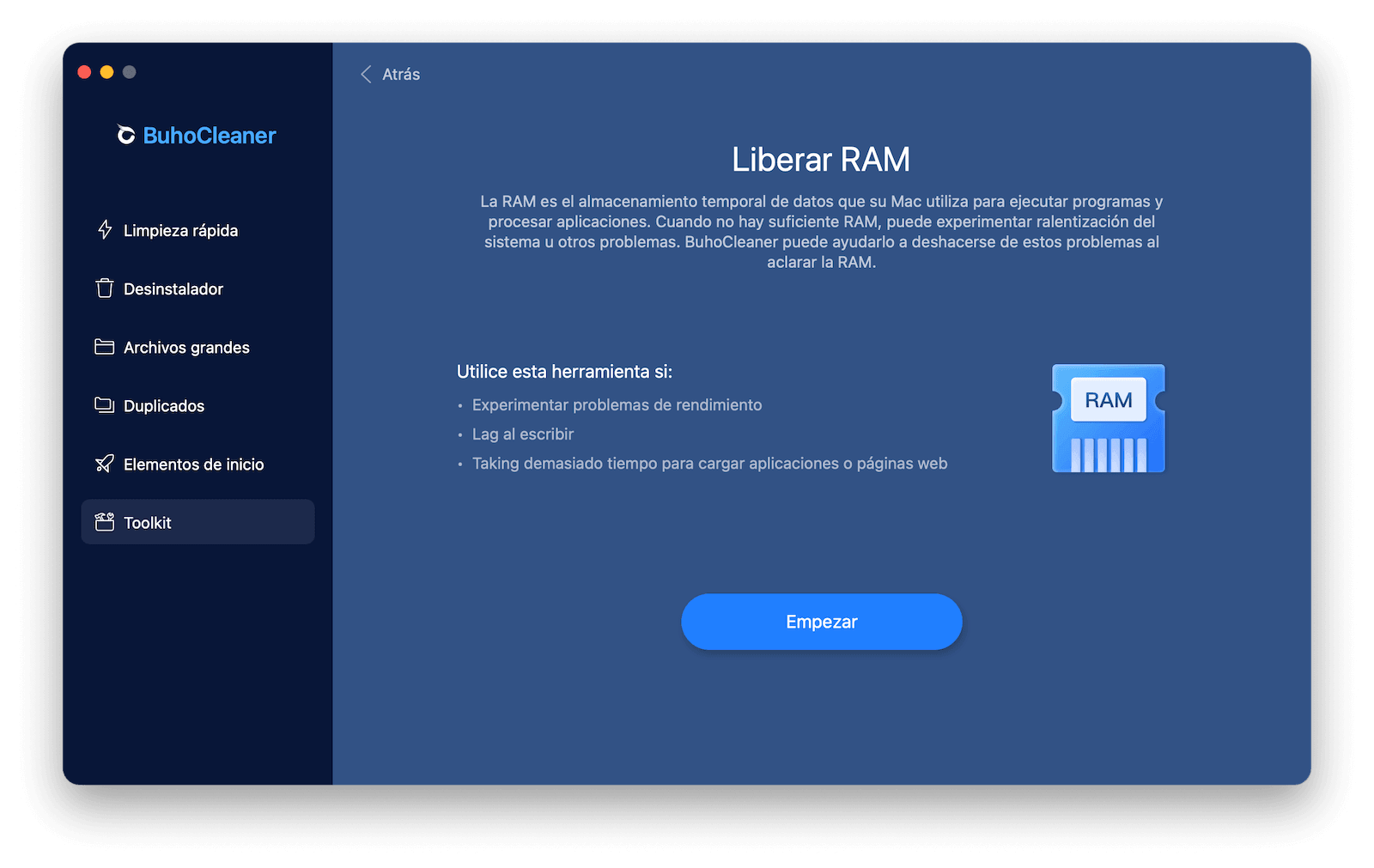 Libera RAM rápidamente con BuhoCleaner