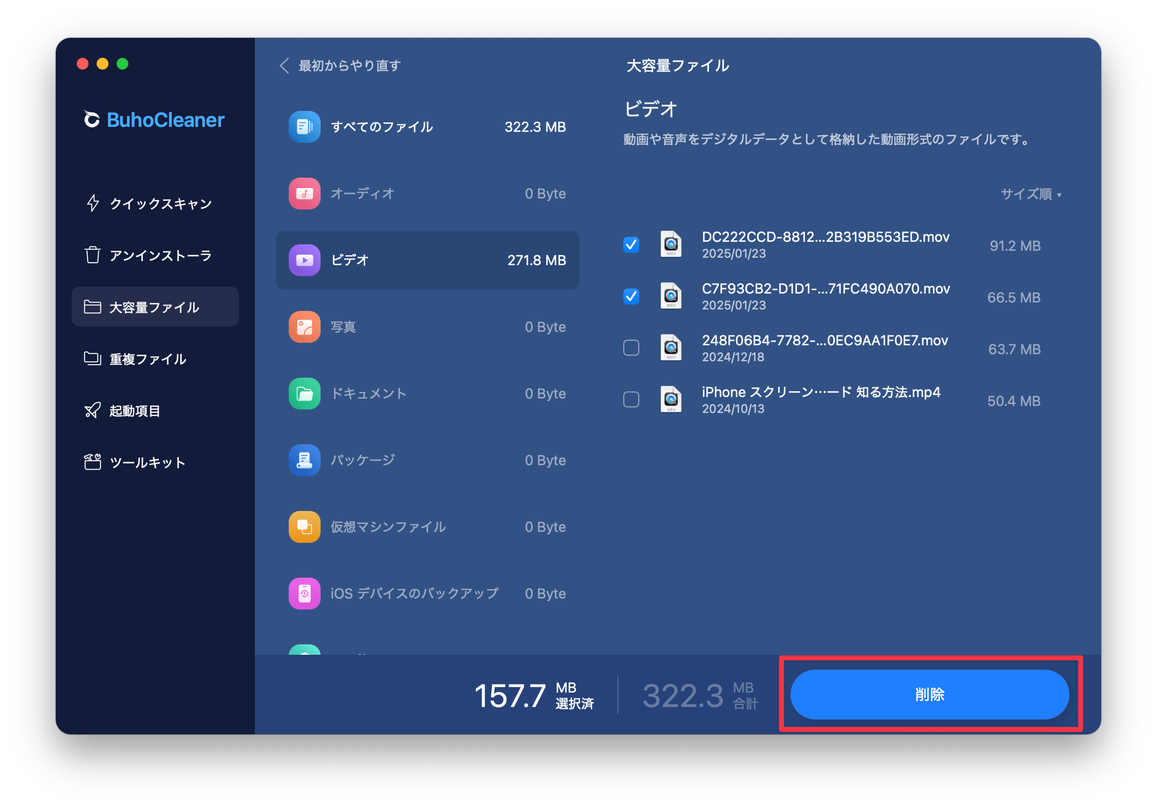 大容量ファイルを削除
