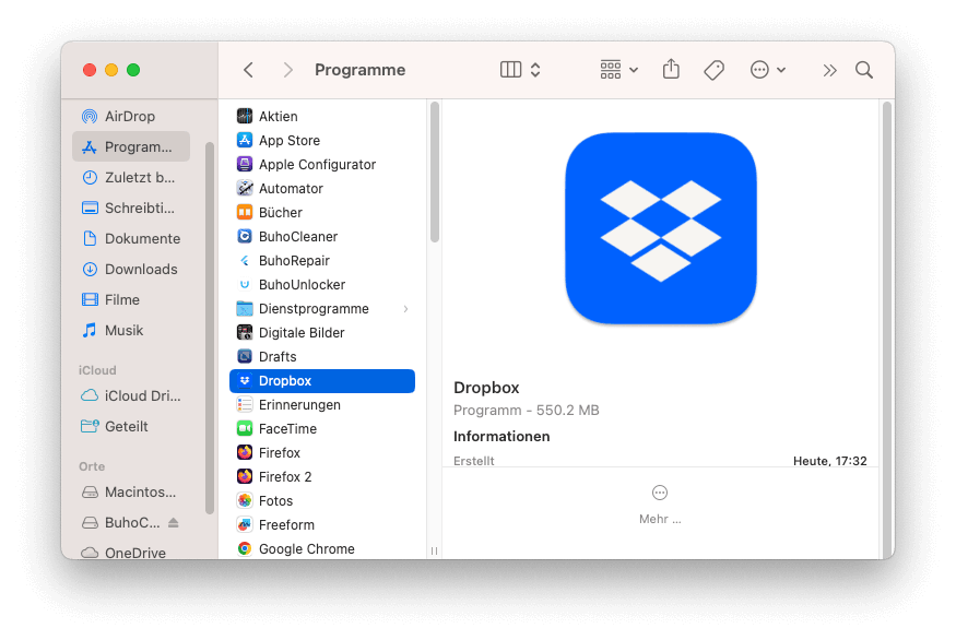 Manuelles Deinstallieren von Dropbox auf Mac mit Finder