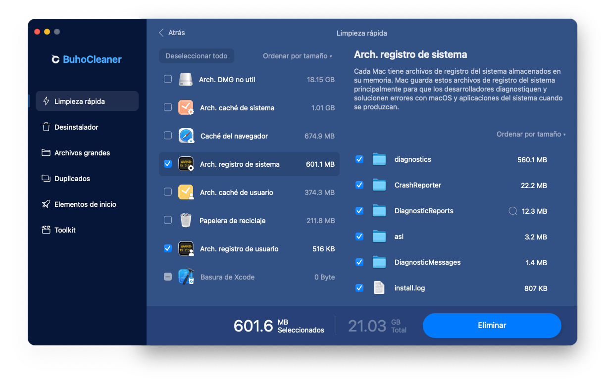 Borre rápidamente los archivos de registro en Mac con BuhoCleaner