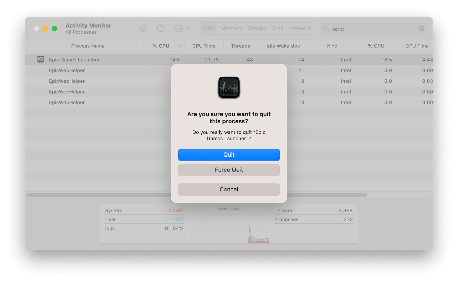Quit Epic Games Launcher with Activity Monitor