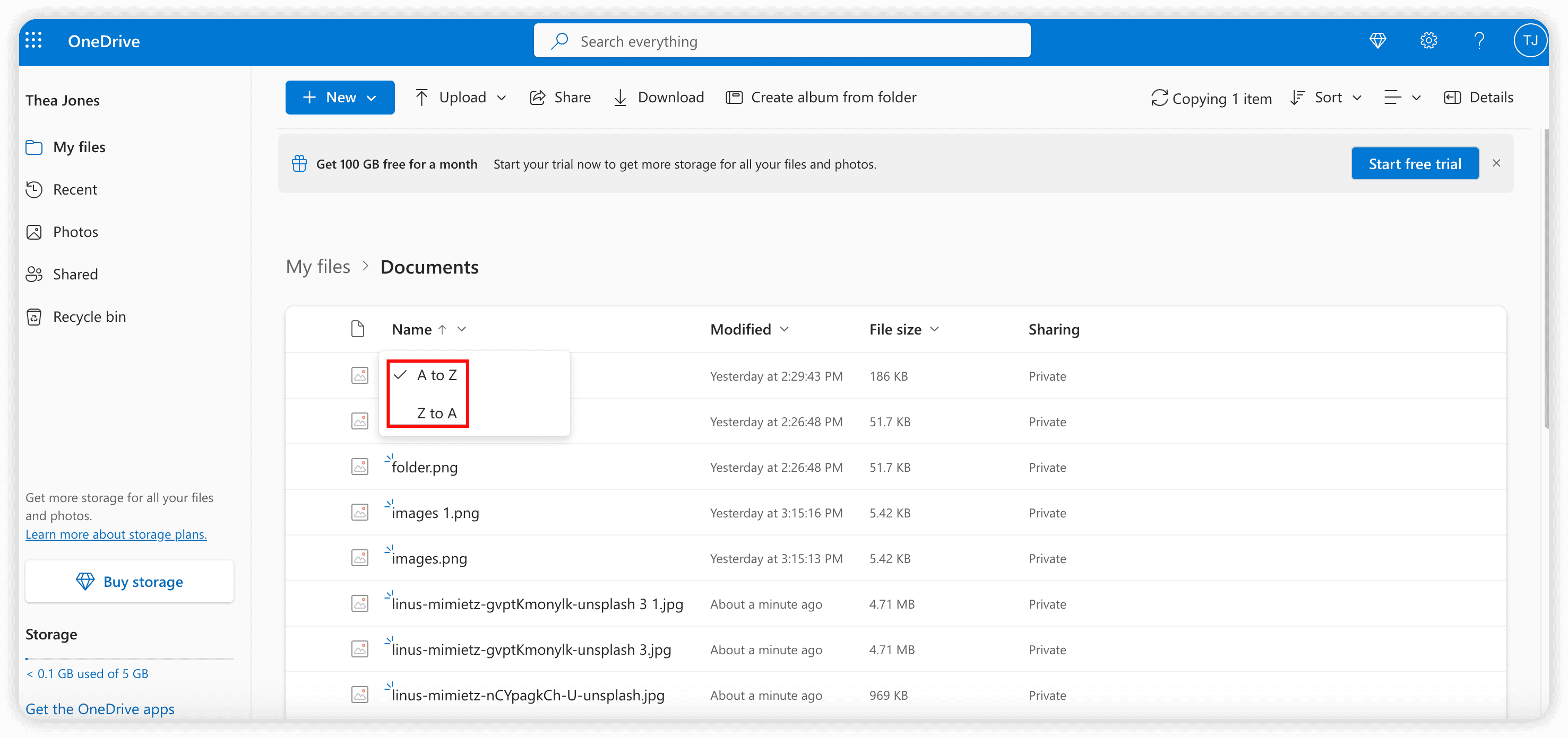 Sort files by name in OneDrive
