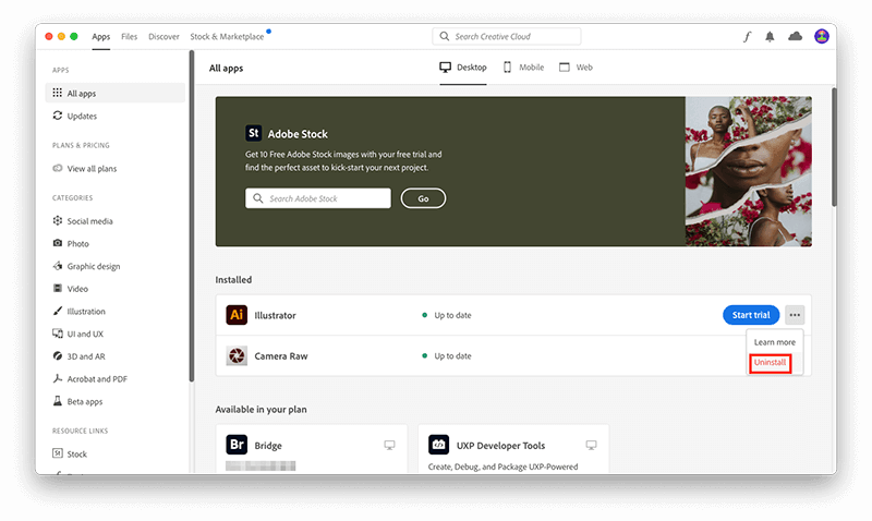 Uninstall Apps in Creative Cloud