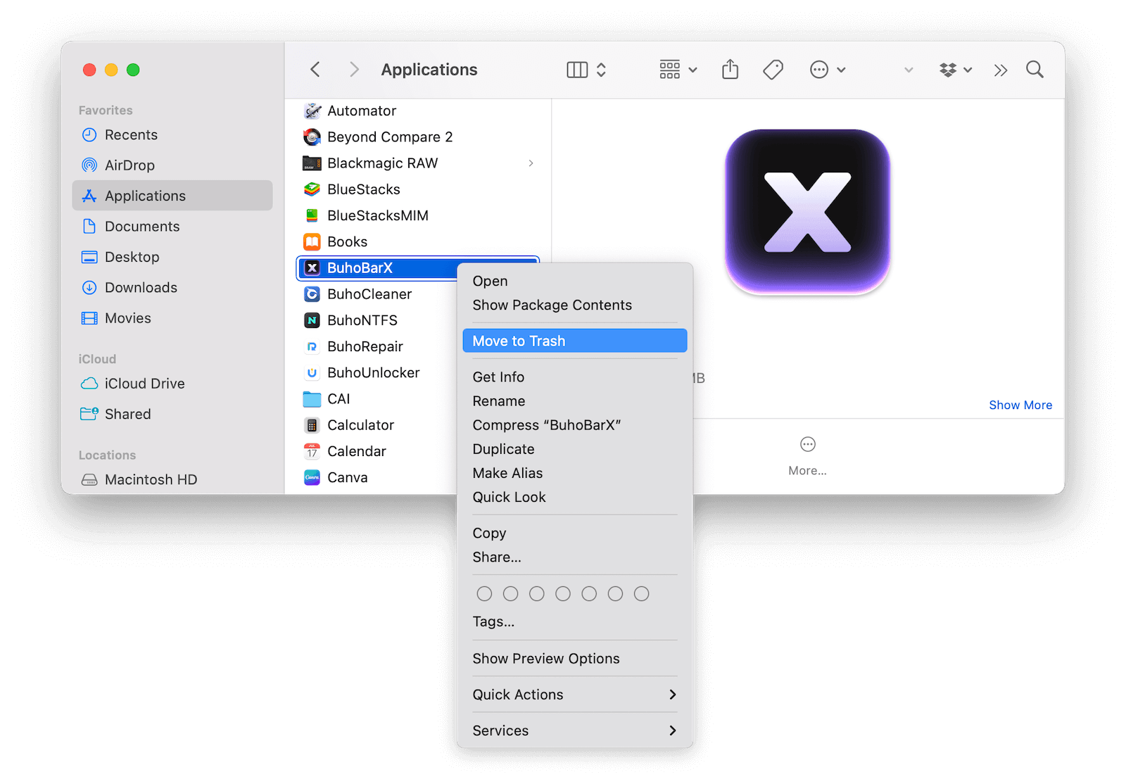 Uninstall BuhoBarX with Finder