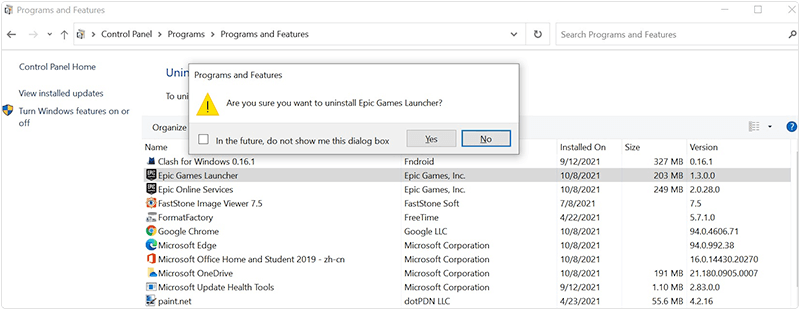 Uninstall Epic Games Launcher on Windows 10