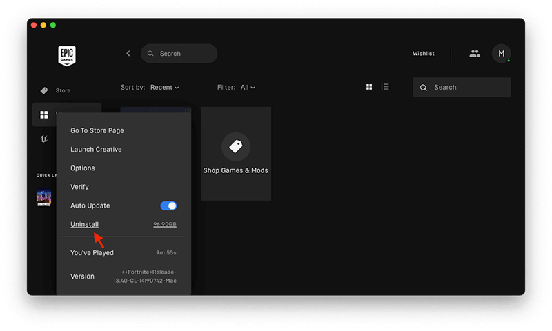 Uninstall Fortnite with Epic Games Launcher