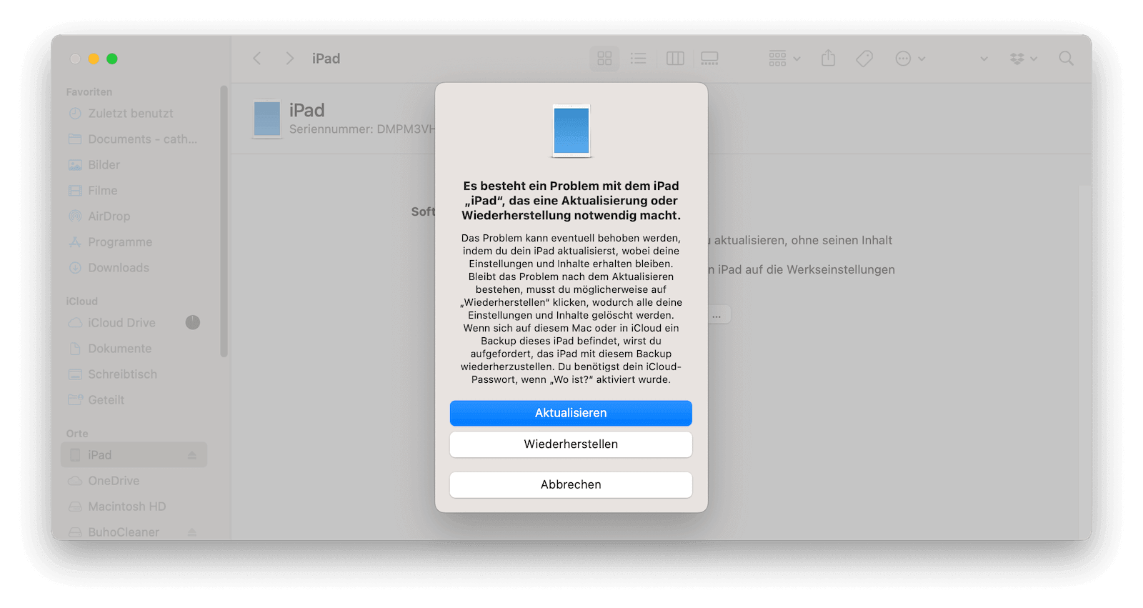 Im Wiederherstellungsmodus mit dem Finder iPad entsperren