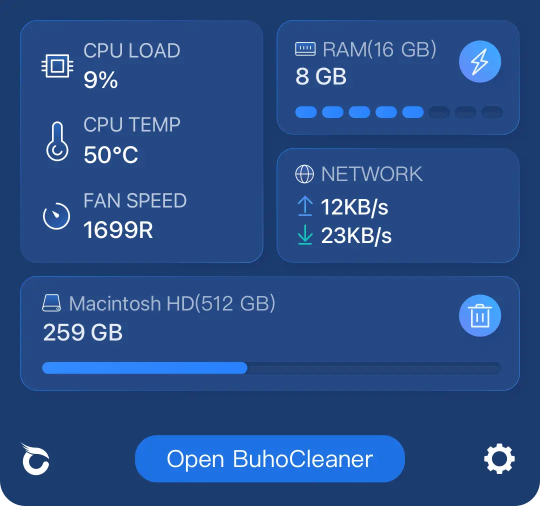 BuhoCleaner status menu pictures