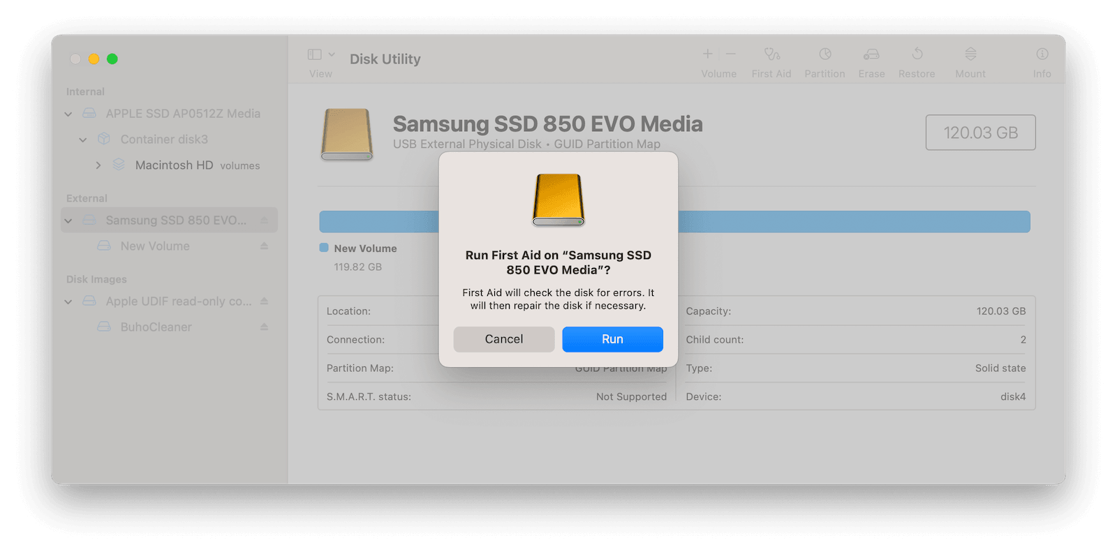 Run First Aid for External Hard Drive with Disk Utility