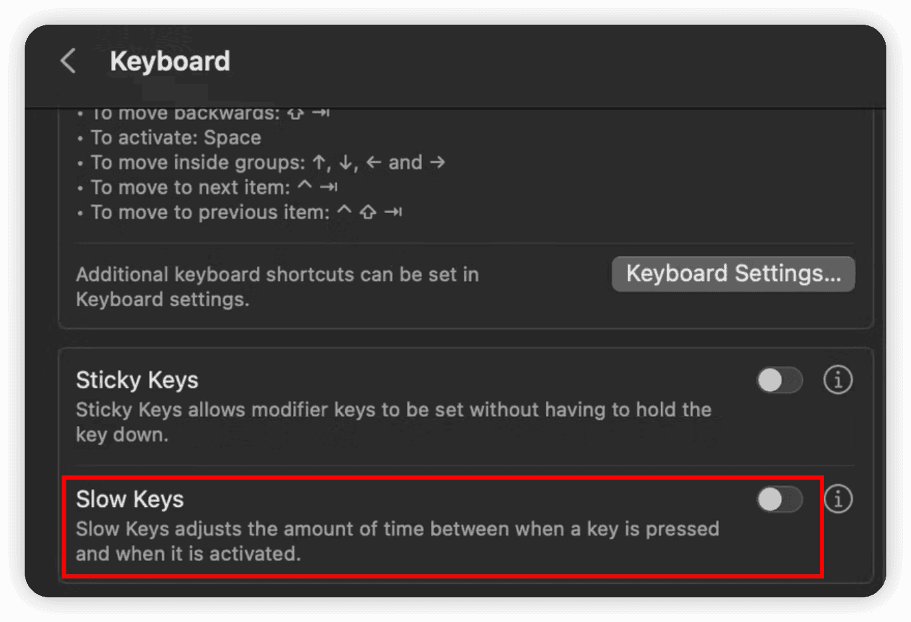 Disable Slow Keys to fix wireless Mac keyboard not working