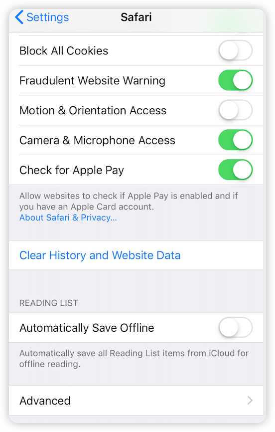 Clear History and Website Data to Clear iPhone Other Storage