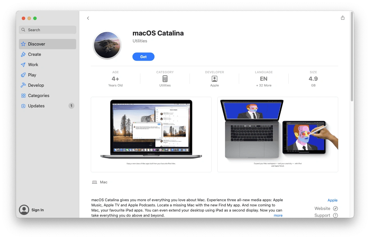 Laden Sie den vollständigen macOS Catalina-Installer über den App Store herunter.