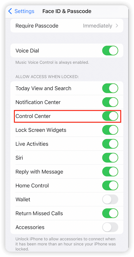 Enable Control Center Access on Lock Screen
