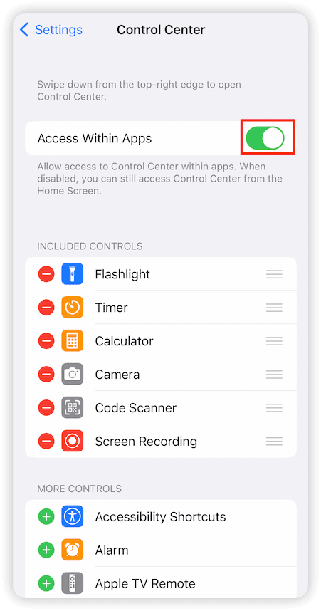 Enable Control Center within the Apps
