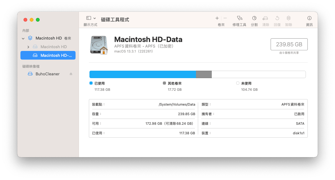 在磁碟工具程式中查看 Mac 储存空間