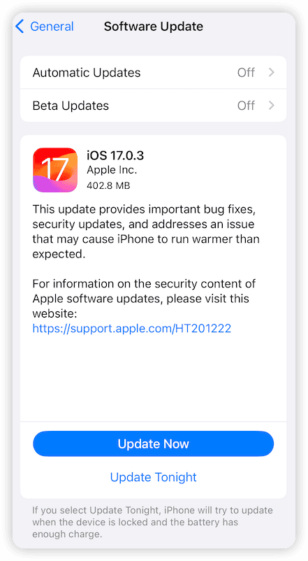 Mise à jour iOS 17.0.3