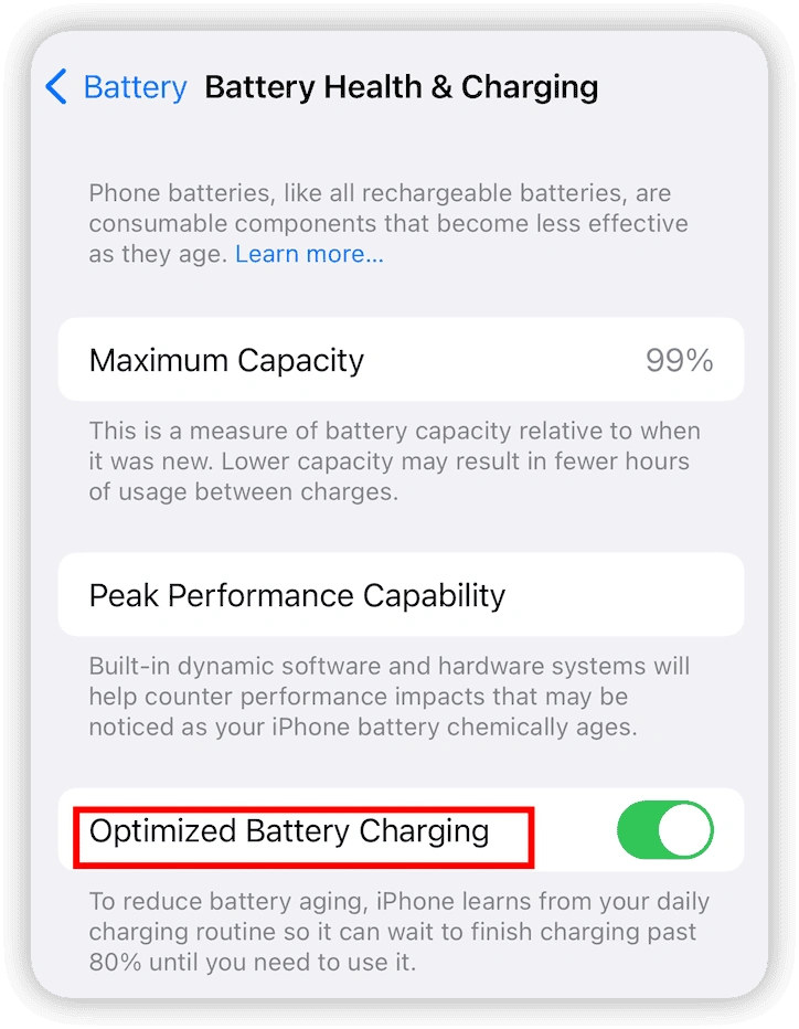 Check the Optimized Battery Charging Feature
