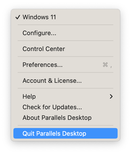 Quit Parallels Desktop on Mac