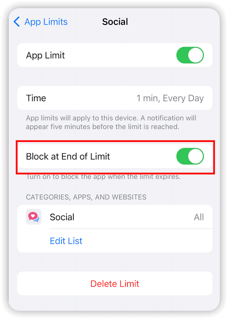 Remove Ignore Limit Option on Screen Time on iPhone