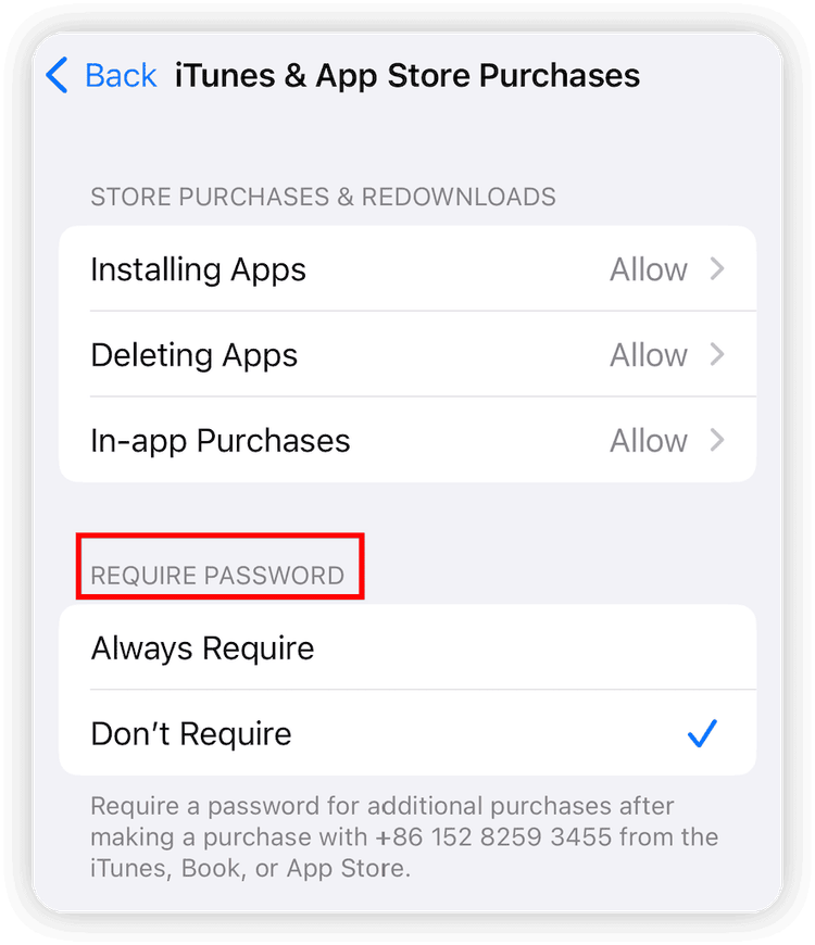 App Store Purchases Require Password Settings 