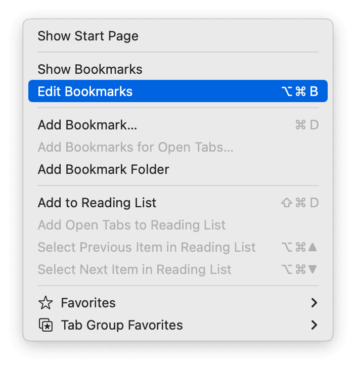 Safari bookmarks menu