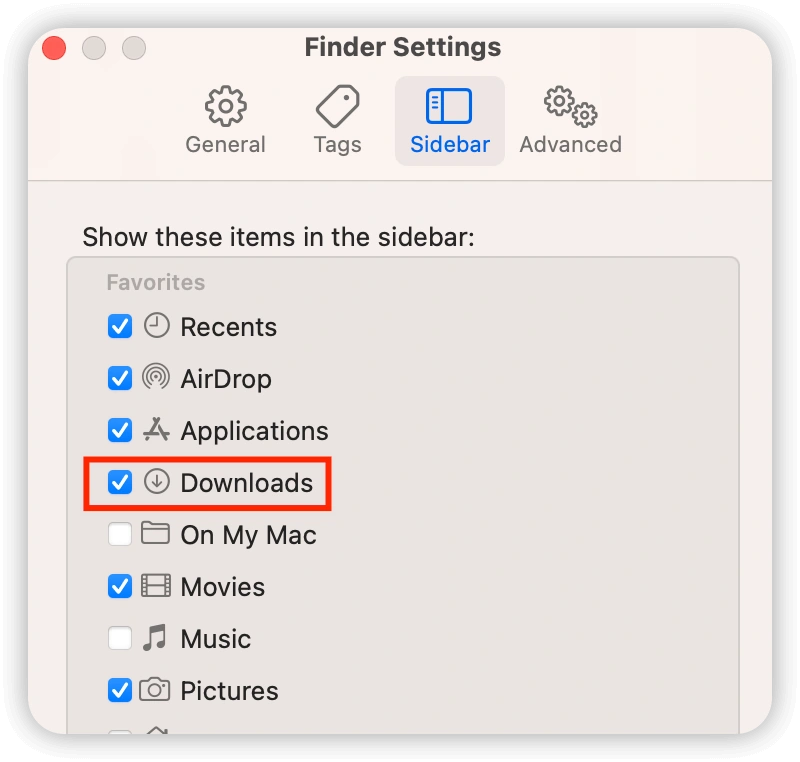 Set Finder to Show Downloads in Sidebar