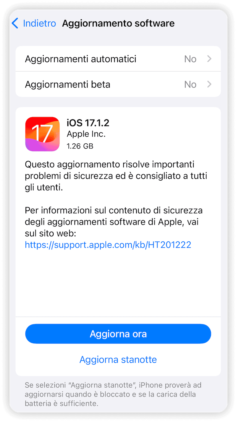 Software di aggiornamento iOS 17