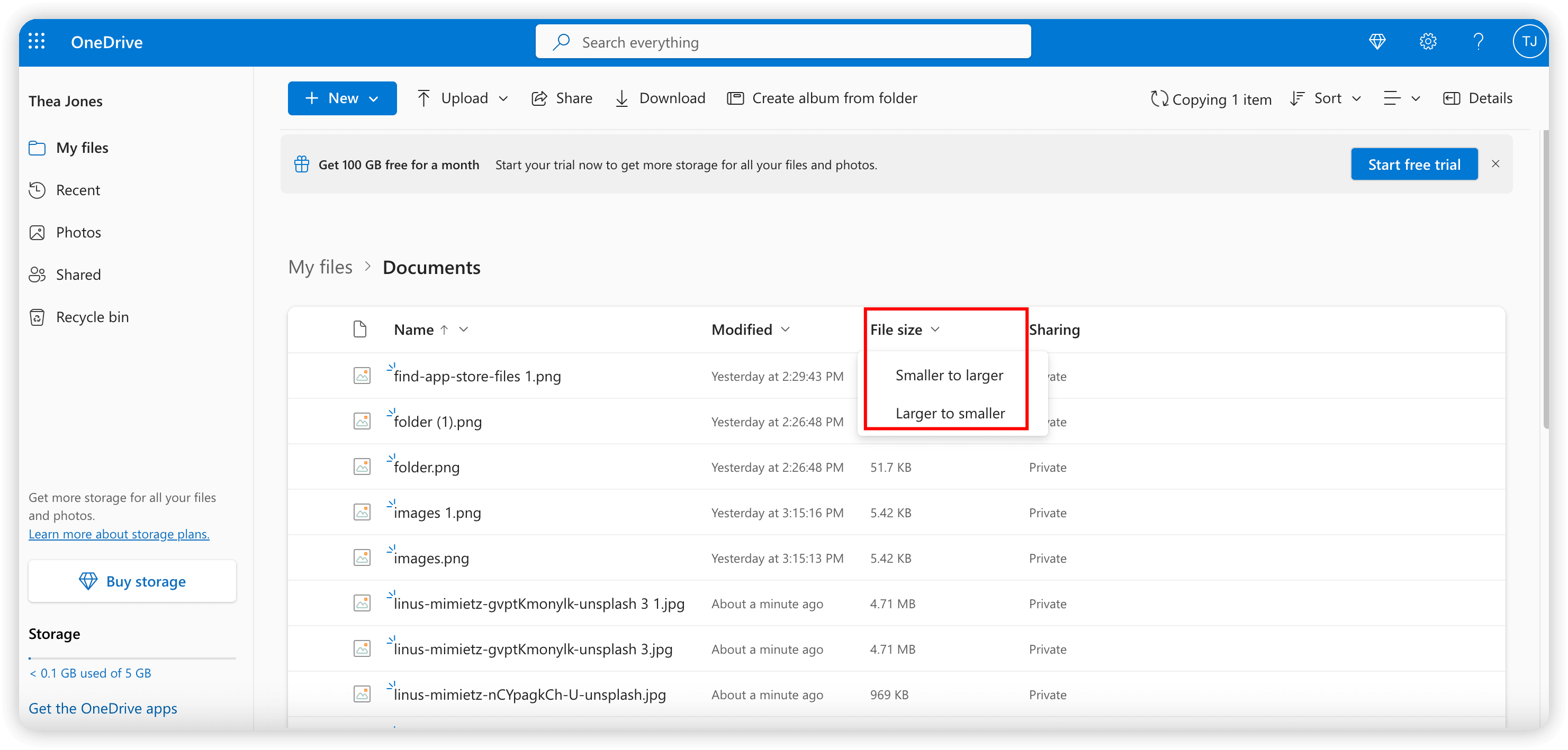 Sort files by file size in OneDrive