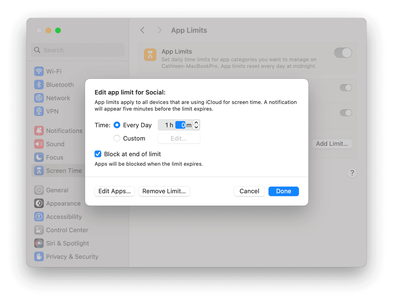 Turn Off Ignore Limit Option on Screen Time on Mac