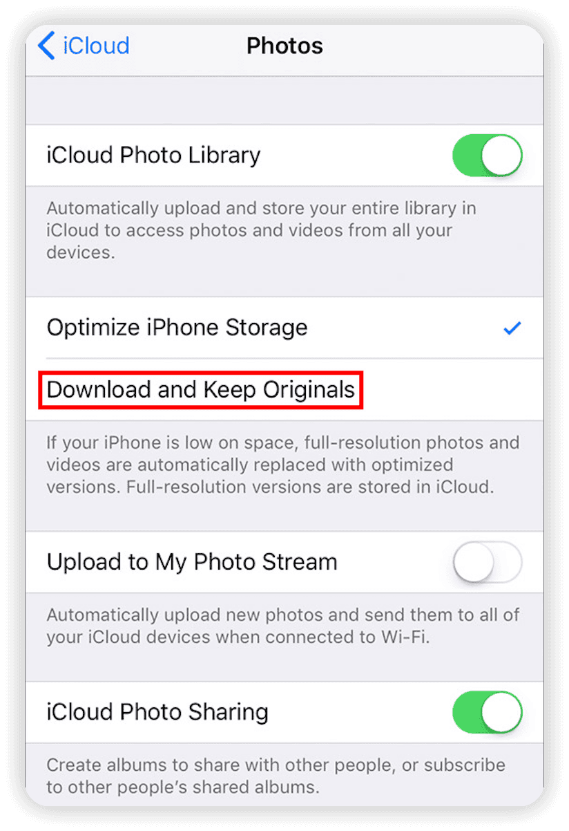 Turn off Optimize iPhone Storage
