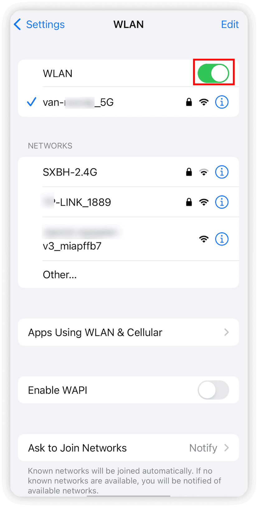 Turn Off and On Wi-Fi in Settings