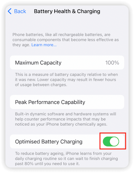 Turn on Optimised Battery Charging